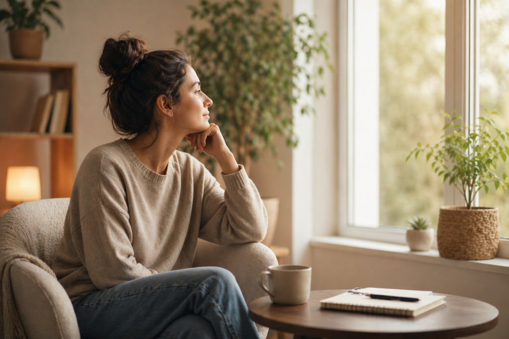 mujer en calma reflexionando sobre sus emociones en un entorno tranquilo