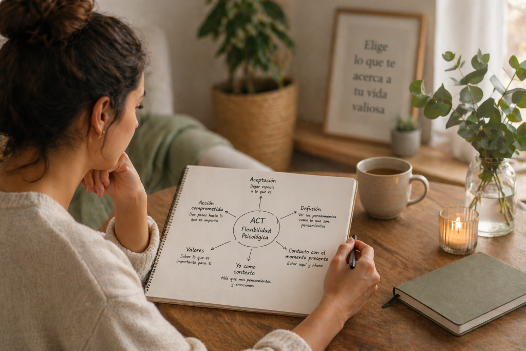 persona escribiendo y reflexionando sobre pensamientos y emociones en terapia