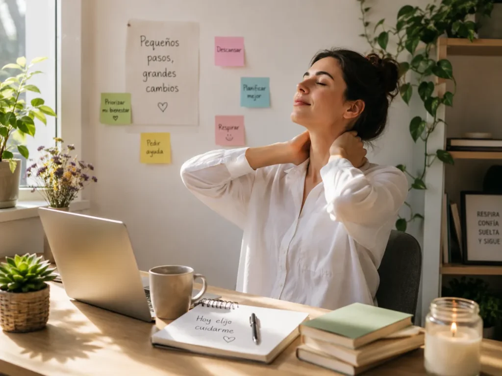 persona realizando una pausa de autocuidado para prevenir el burnout laboral