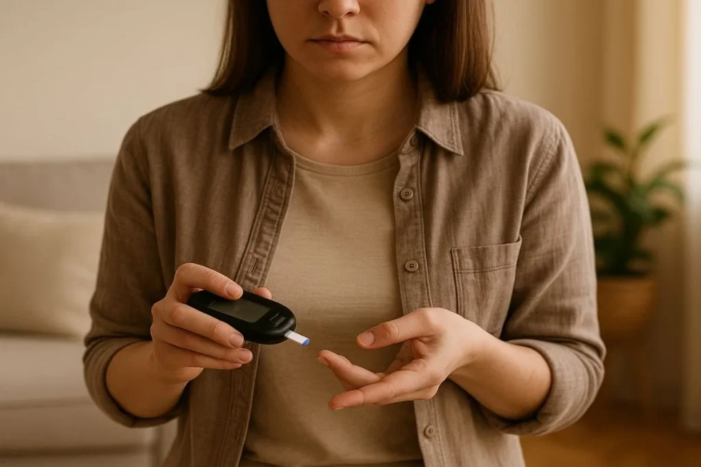 "Mujer midiendo su glucosa en casa ilustrando la fatiga decisional en la diabetes: causas y cómo gestionarla".
