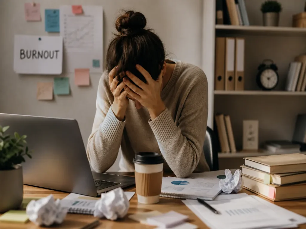 mujer con agotamiento emocional en entorno laboral reflejando burnout